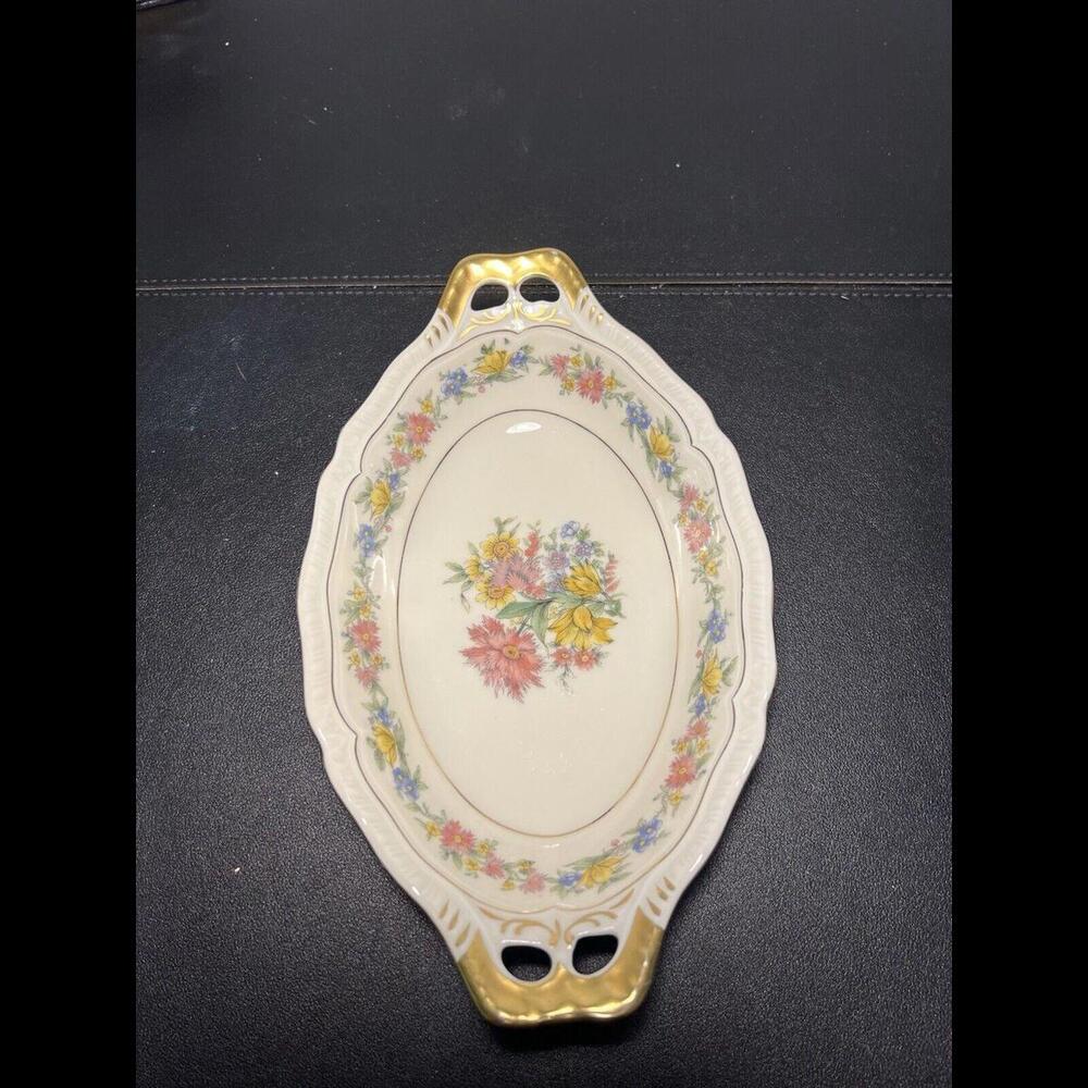 Black Knight Vintage 1930s Adelphia Floral Oval Serving Plate Pierced Handles